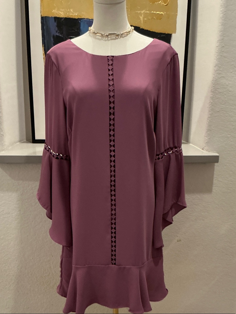 White House Black Market Mauve Lace-Trim Bell Sleeve Tunic